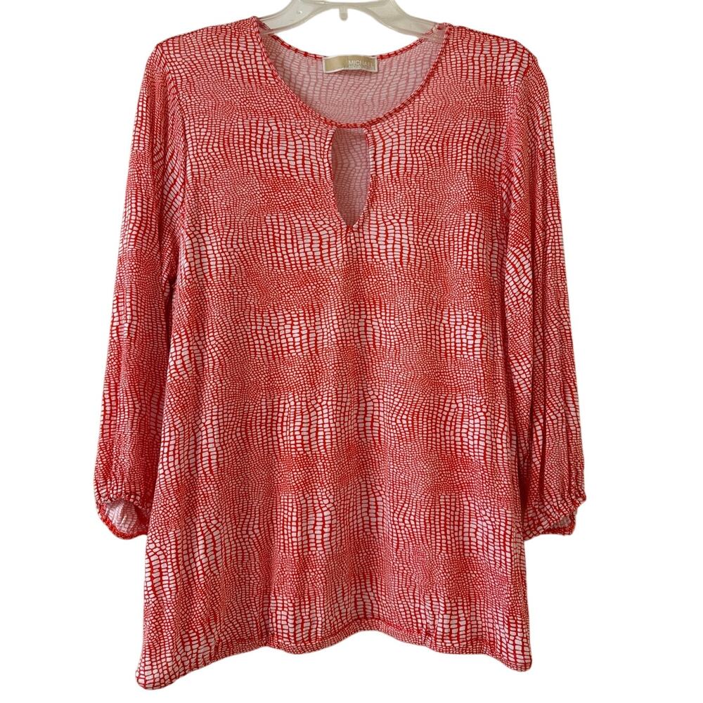 Michael Kors, Orange &. White Top 3/4 Sleeve Keyhole Neckline Gathered Hem